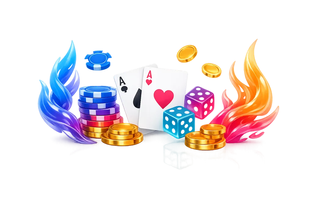 Modern isometric 3D render of floating gaming elements, poker chips, playing cards, and glowing gold coins for Spinoo.
