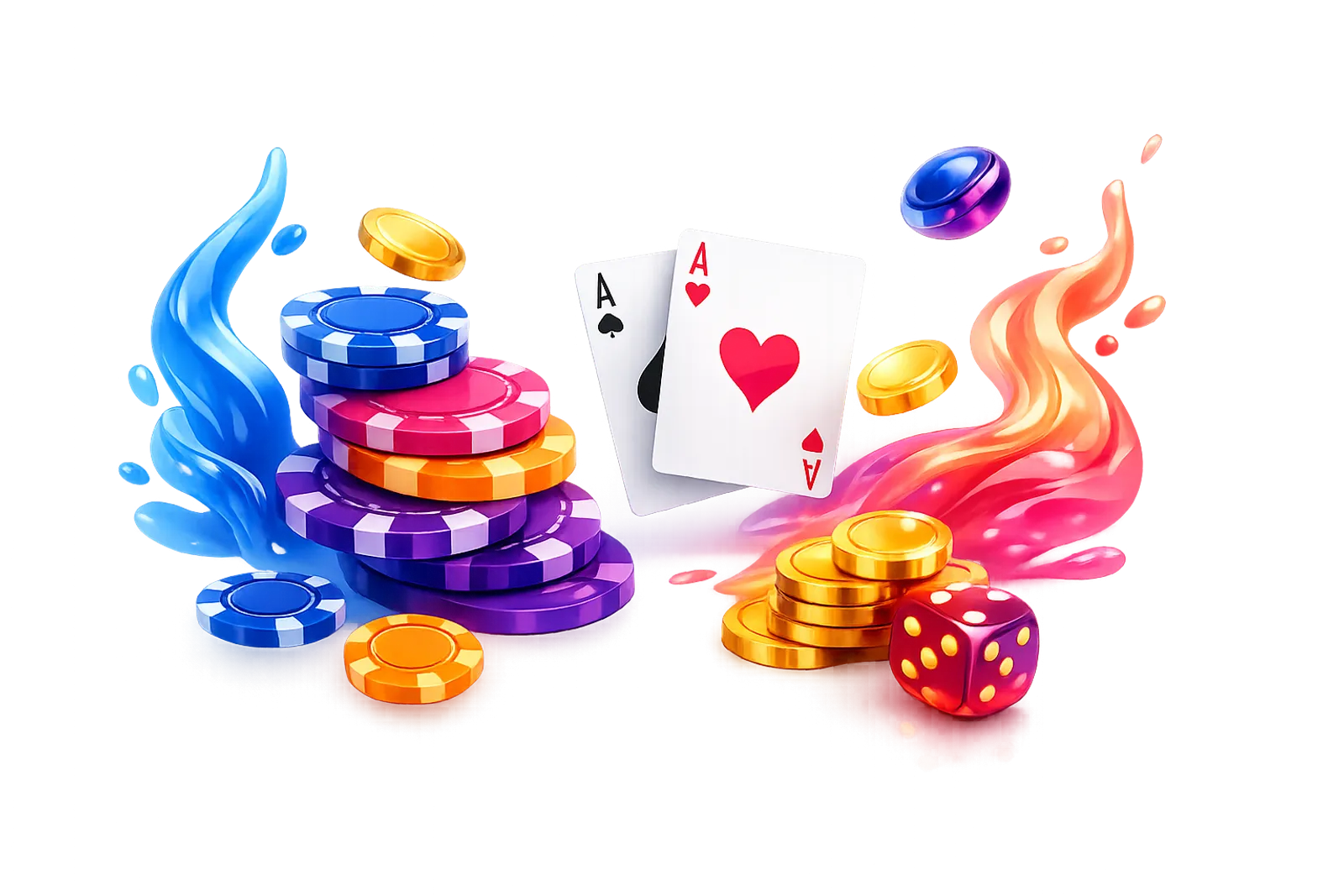 Glossy isometric 3D render featuring floating gaming elements, poker chips, cards, gold coins, and flames on white background